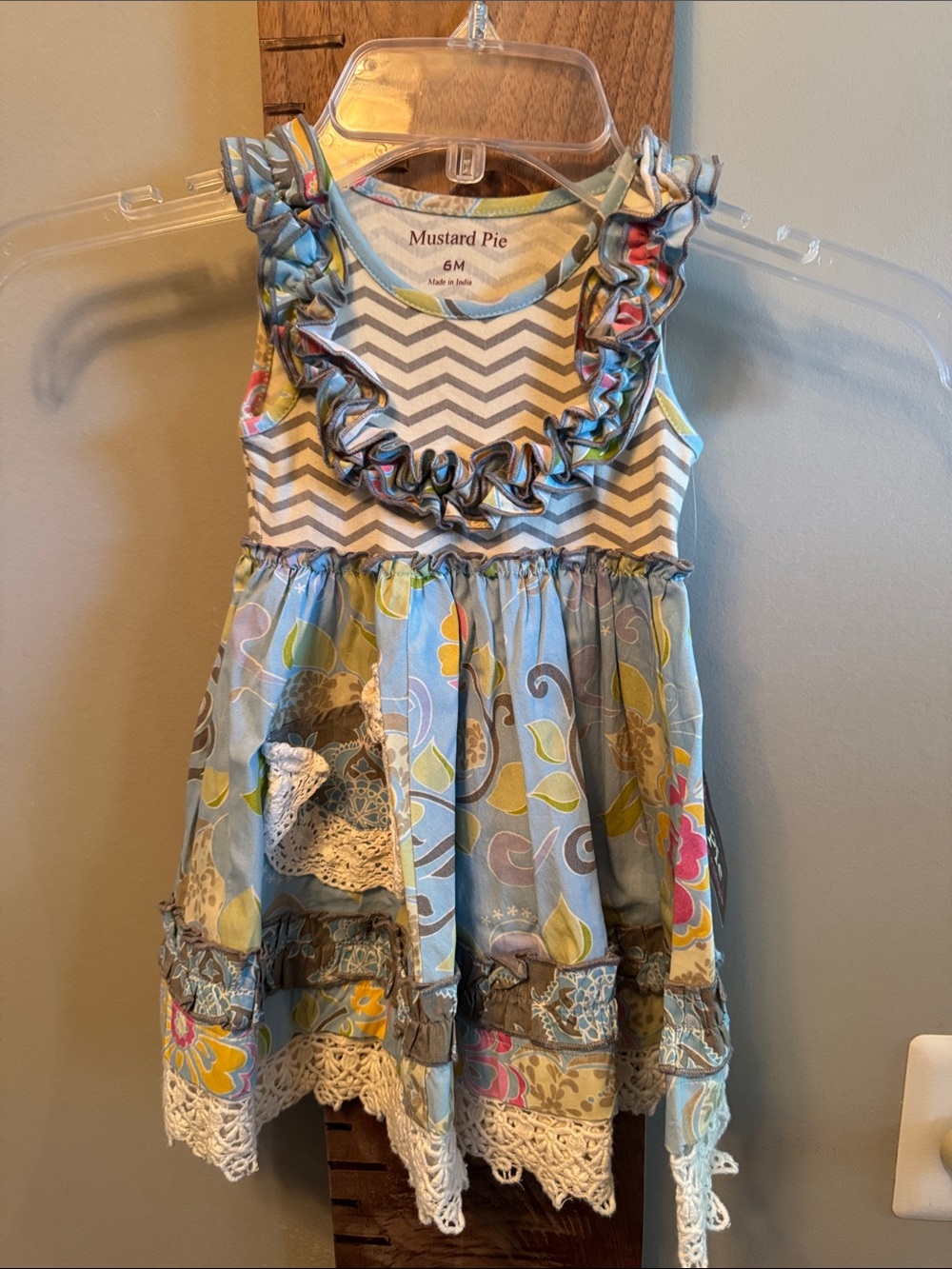 Mustard Pie Blue Floral Chevron Ruffle Dress